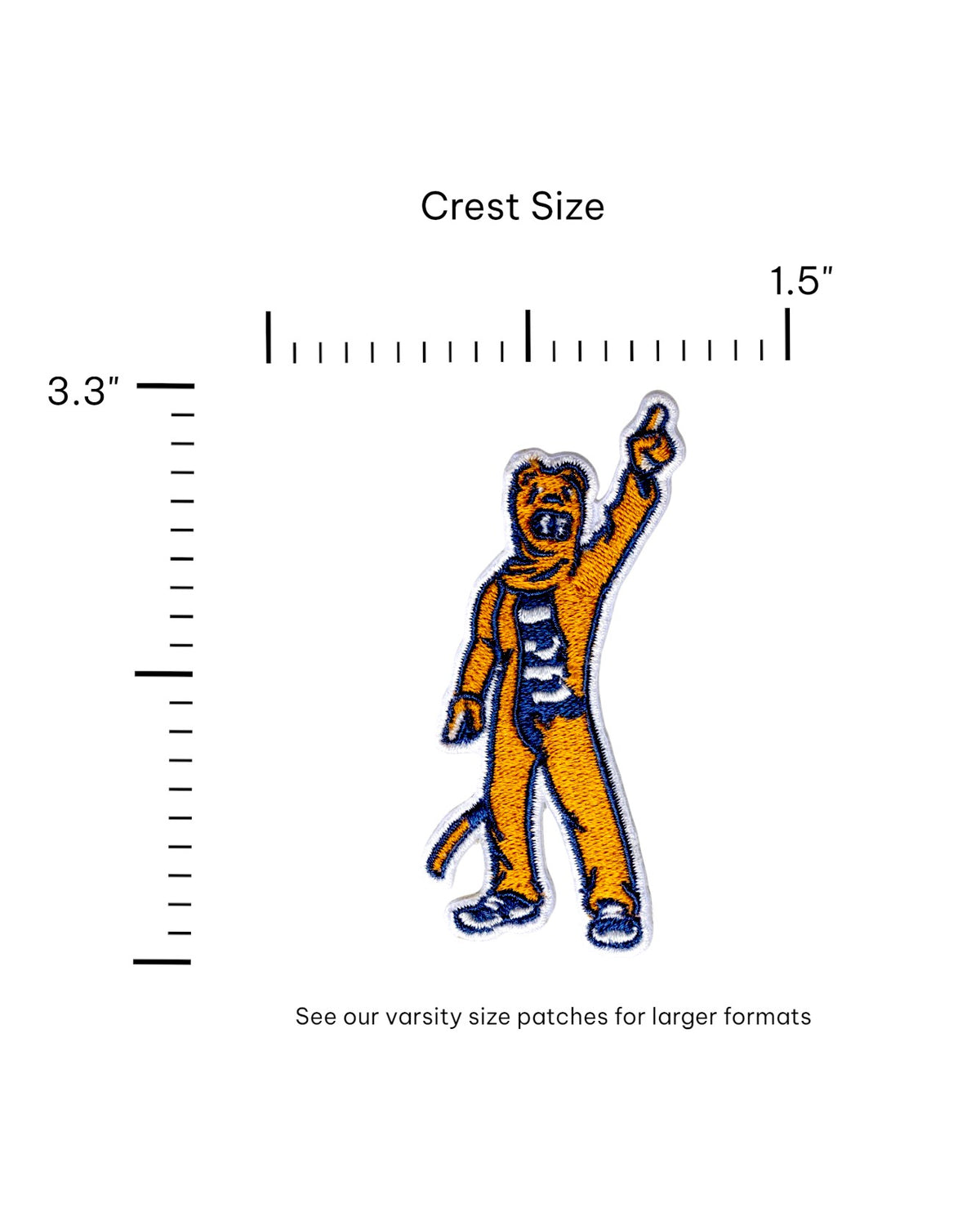 Penn State Nittany Lion mascot embroidered crest patch in brown, navy and white sewn onto custom knitwear FRONT size