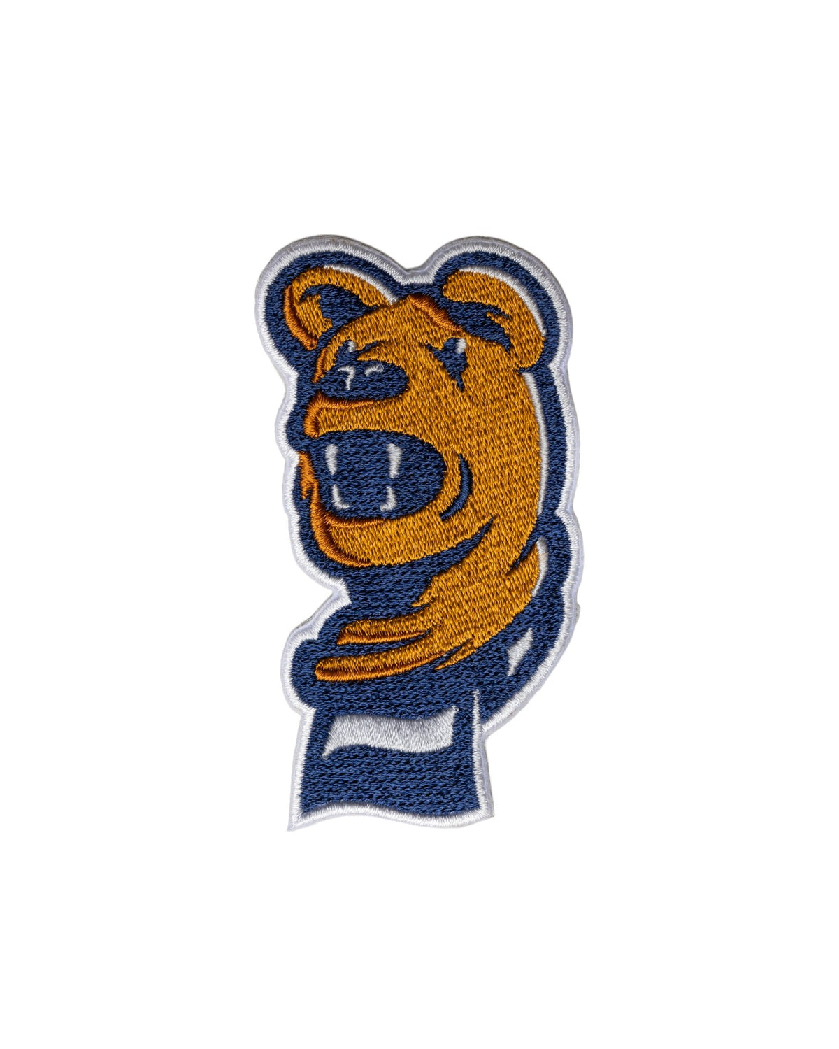 Penn State Nittany Lion head embroidered crest patch with scarf in brown, navy and white sewn onto a custom sweater FRONT
