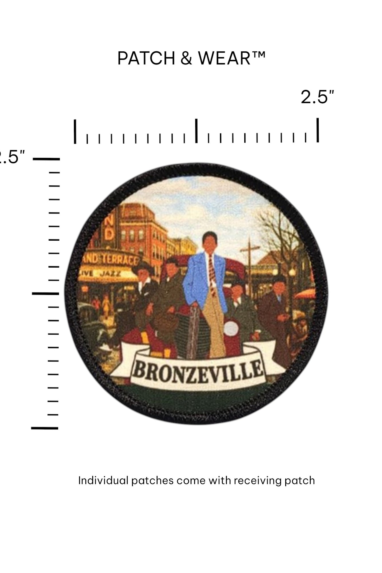 2.5-inch Bronzeville by Peter Gaona patch shown against a ruler grid; text reads "Individual patches come with receiving patch."