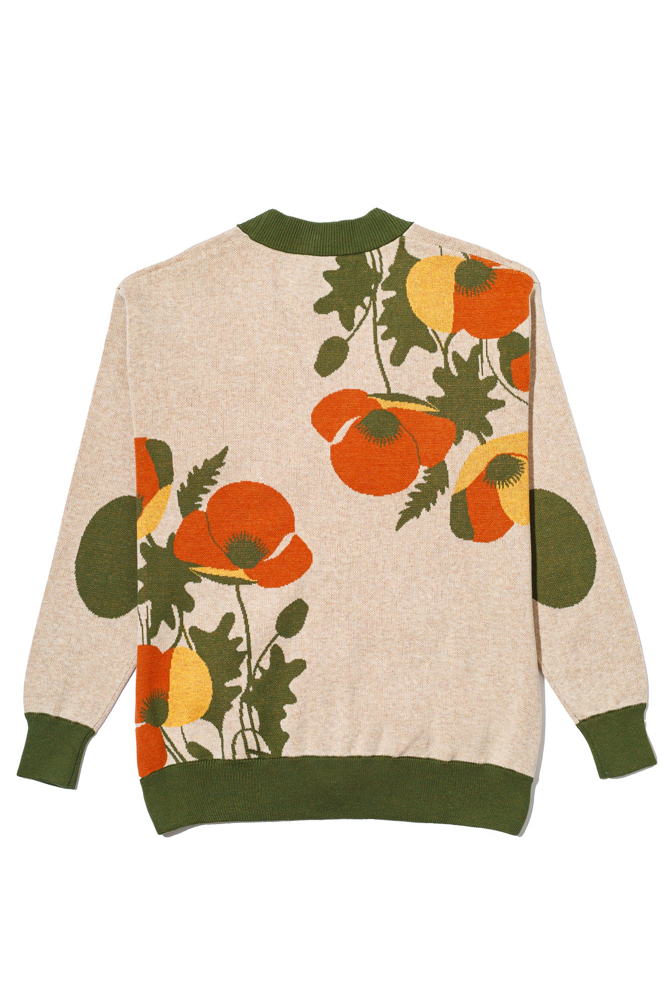 poppies for monica cardigan knit sweater back view in coco brown with burnt orange, mustard, and olive color accents by soundoff