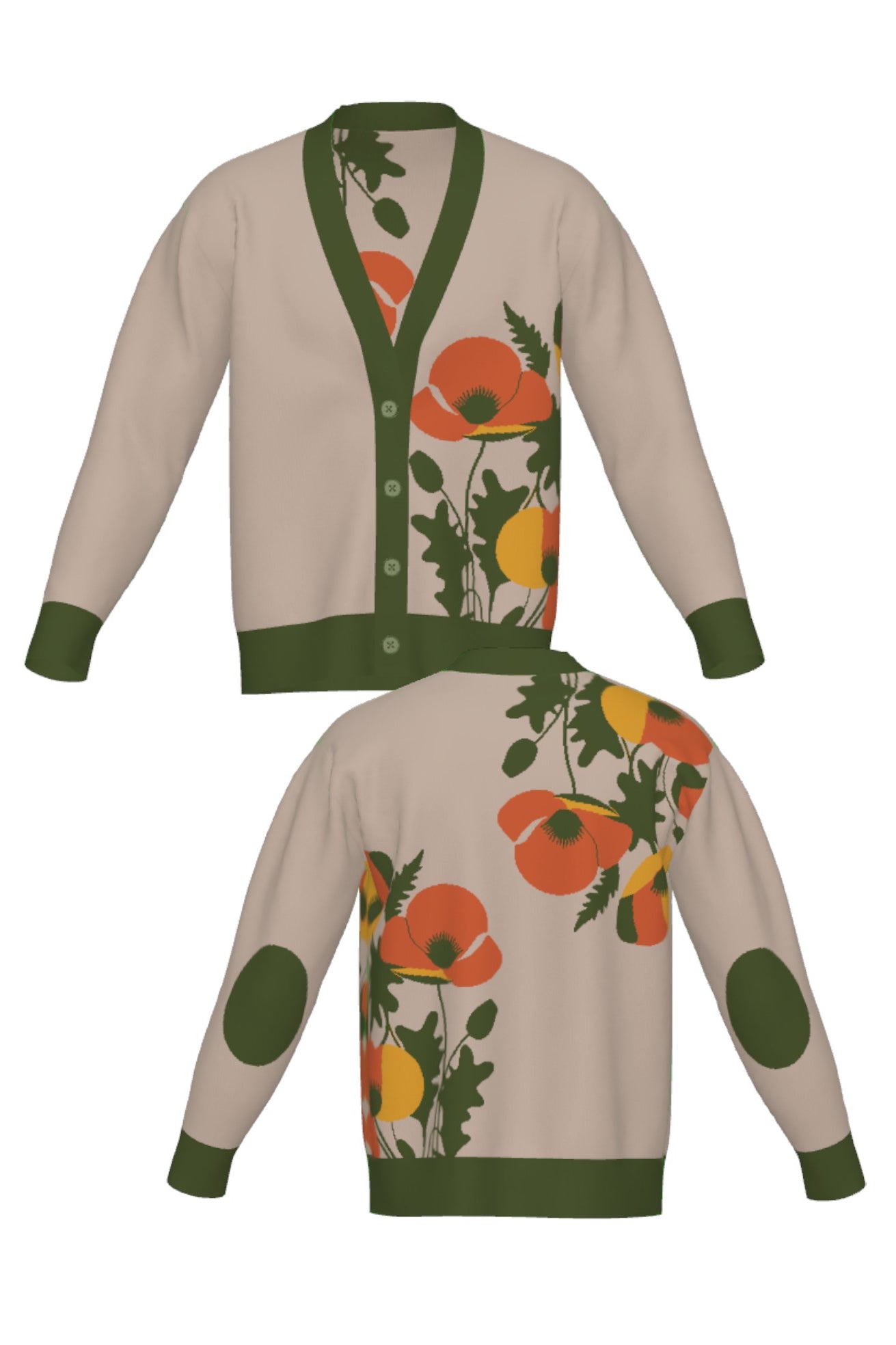 poppies for monica cardigan knit sweater front and back view in coco brown with burnt orange, mustard, and olive color accents by soundoff