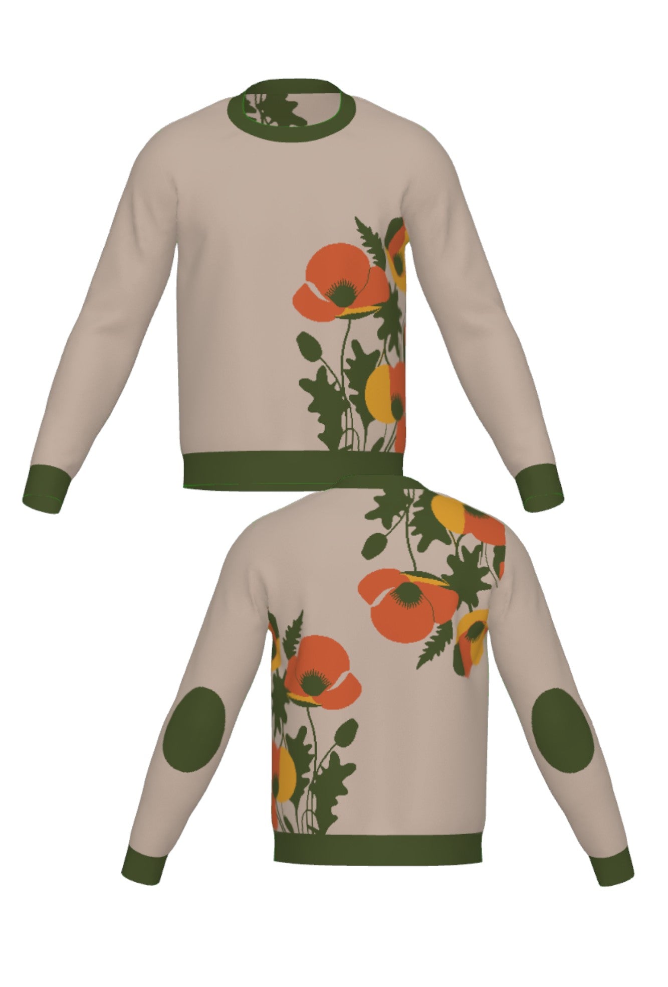 poppies for monica classic crew neck knit sweater front and back view in coco brown with burnt orange, mustard, and olive color accents by soundoff