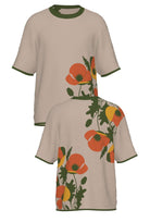 poppies for monica short sleeve knit sweater front and back view in coco brown with burnt orange, mustard, and olive color accents by soundoff