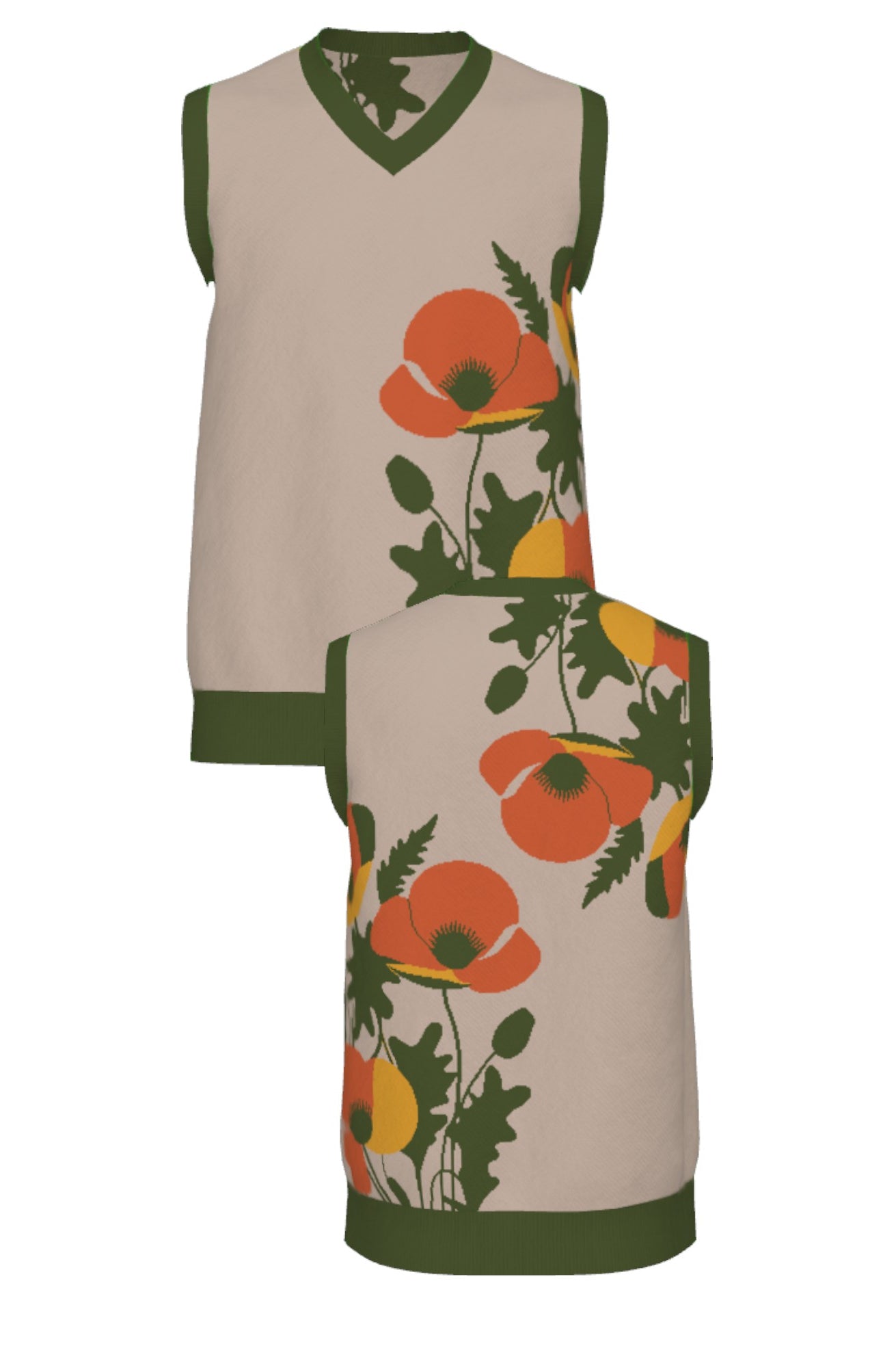poppies for monica v neck vest knit sweater front and back view in coco brown with burnt orange, mustard, and olive color accents by soundoff