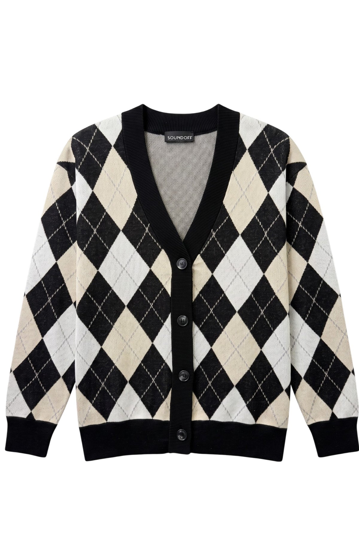 Purdue University Argyle Knit Cardigan Sweater in Black, White and Beige with Grey accents, Black trim and knit-in Purdue Motion P by SOUNDOFF - FRONT
