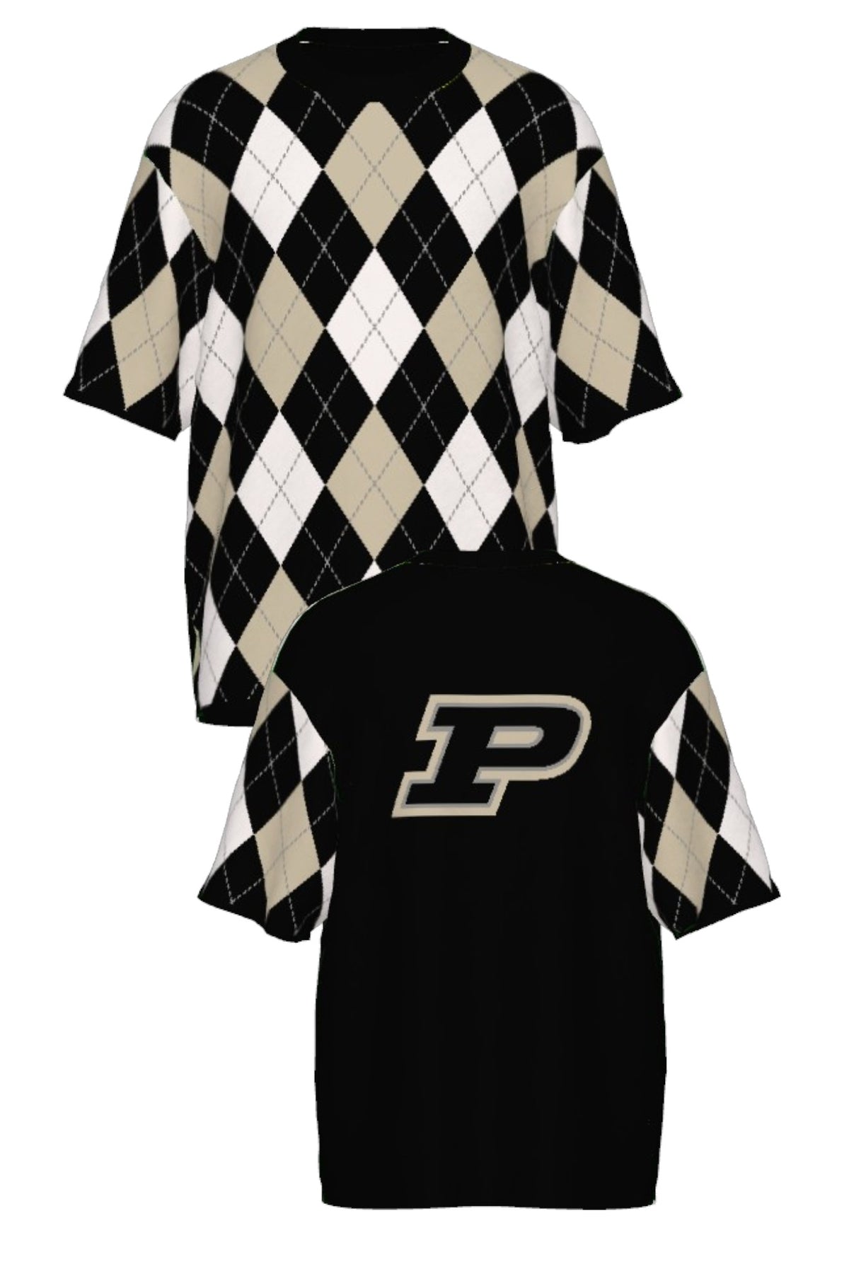 Purdue University Argyle Knit Short Sleeve Sweater in Black, White and Beige with Grey accents, Black trim and knit-in Purdue Motion P by SOUNDOFF - FRONT and BACK