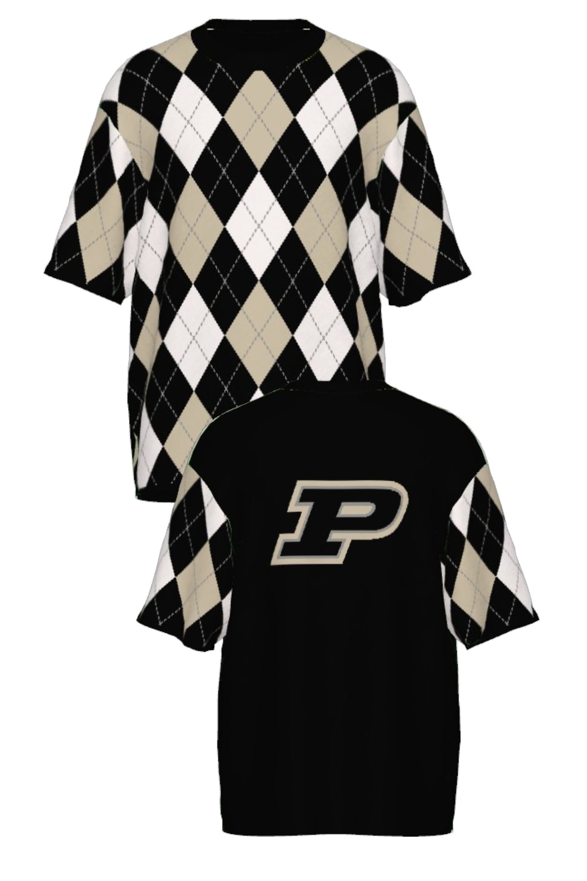 Purdue University Argyle Knit Short Sleeve Sweater in Black, White and Beige with Grey accents, Black trim and knit-in Purdue Motion P by SOUNDOFF - FRONT and BACK