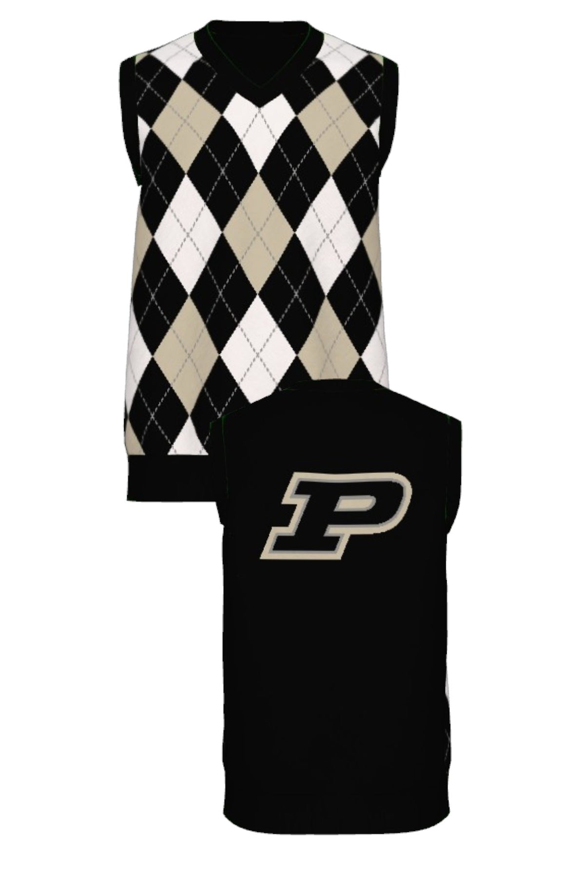 Purdue University Argyle Knit V-Neck Vest Sweater in Black, White and Beige with Grey accents, Black trim and knit-in Purdue Motion P by SOUNDOFF - FRONT and BACK