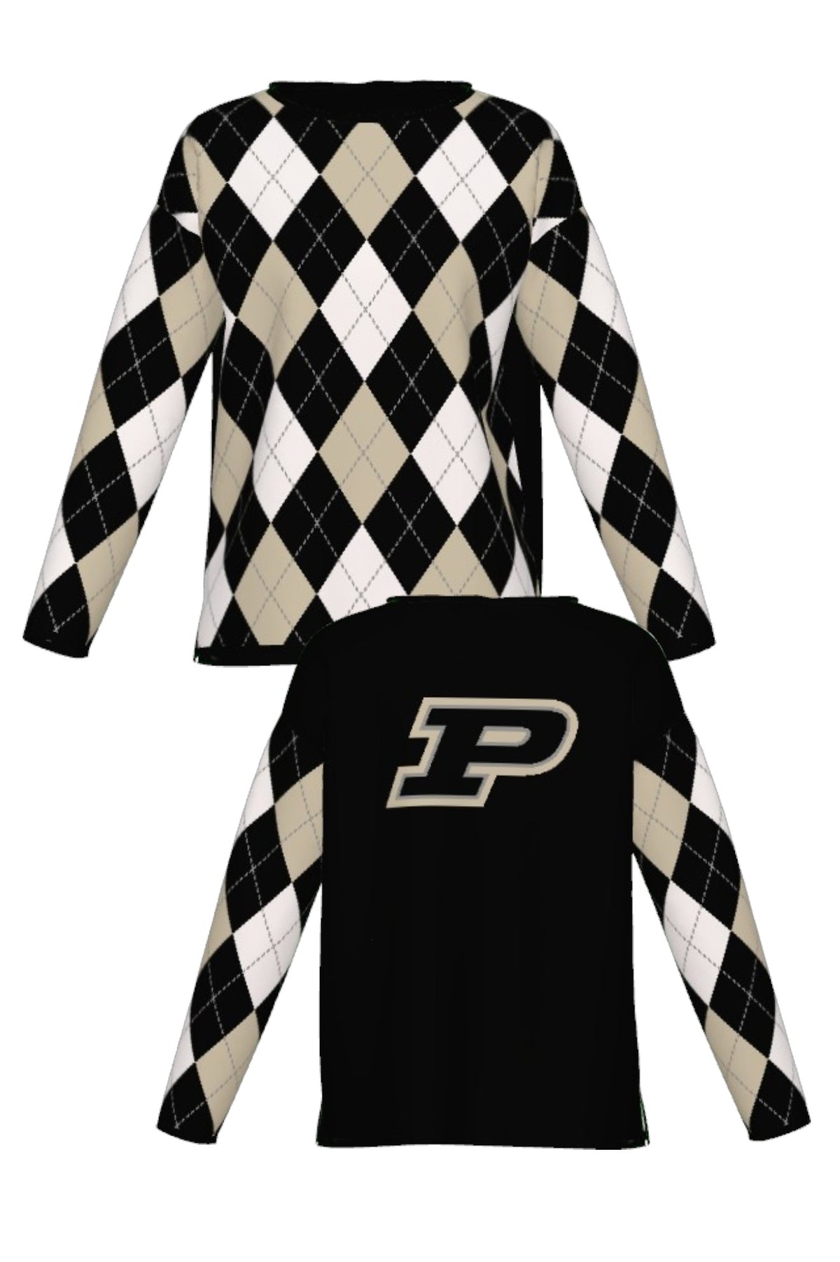 Purdue University Argyle Knit Women's Sweater in Black, White and Beige with Grey accents, Black trim and knit-in Purdue Motion P by SOUNDOFF - FRONT and BACK