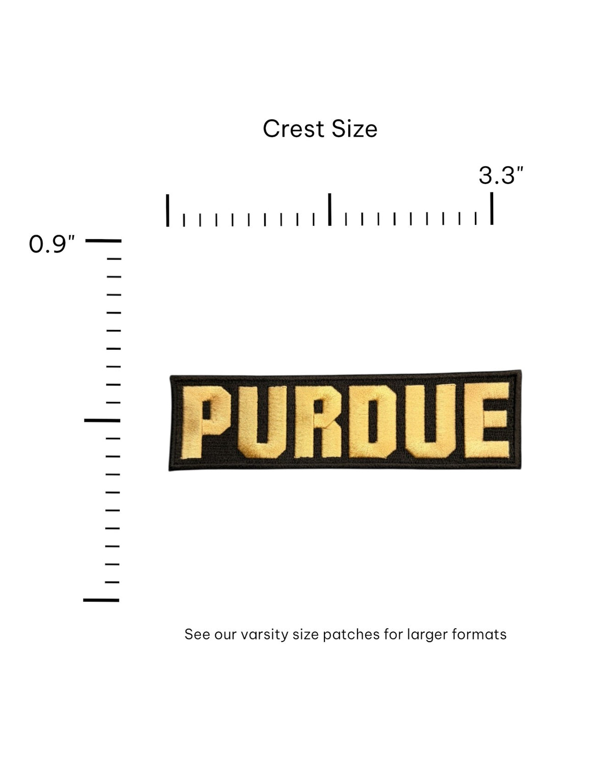 Purdue University Block Letter Embroidered Crest Patch in gold and black, 3.3 inches wide x 0.9 inches tall by SOUNDOFF - size