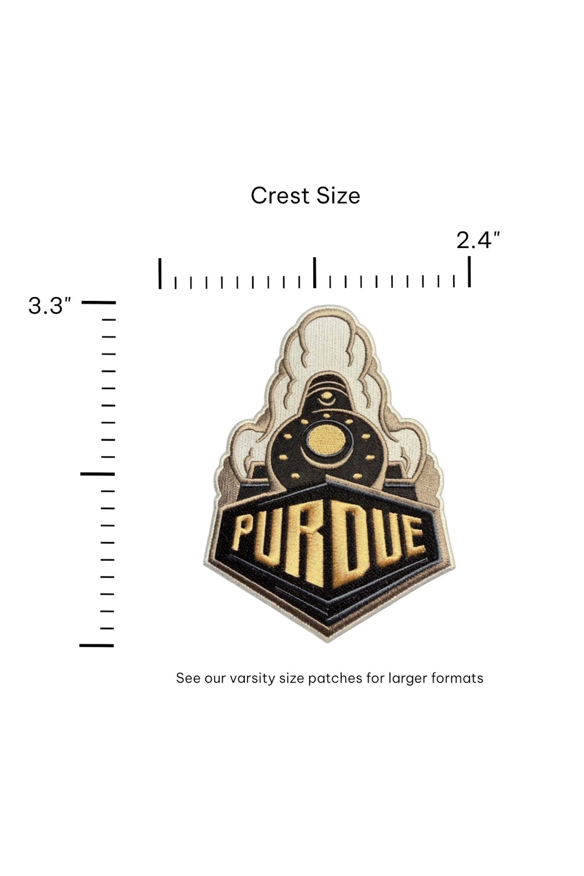Purdue University Boilermaker Special Embroidered Crest Patch with black train, gold accents and trim, 2.4 inches wide x 3.3 inches tall by SOUNDOFF - front