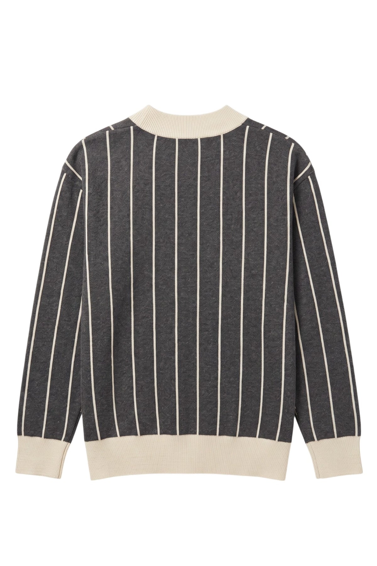 Purdue University Heritage Pinstripe Knit Sweater cardigan in charcoal grey with beige pinstripes and trim by SOUNDOFF - back