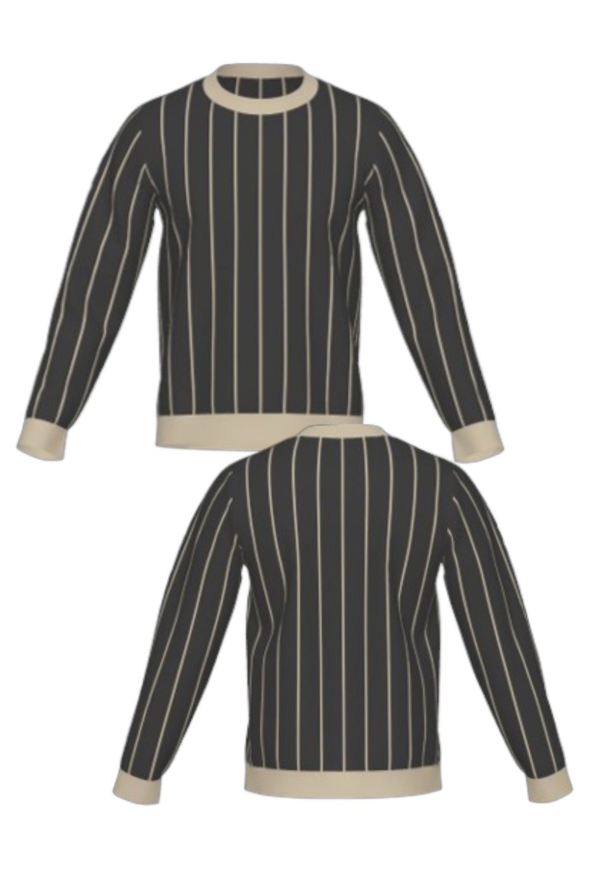 Purdue University Heritage Pinstripe Knit Sweater crew neck in charcoal grey with beige pinstripes and trim by SOUNDOFF - front and back