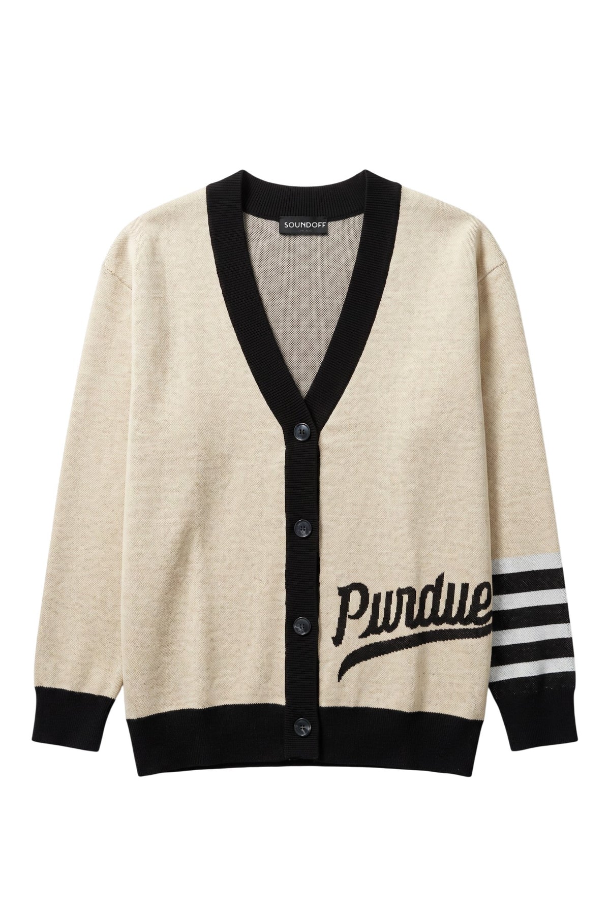 Purdue University Letterman Band Knit Sweater in Beige with Black trim, knit-in Purdue script and White and Black letterman sleeve stripes