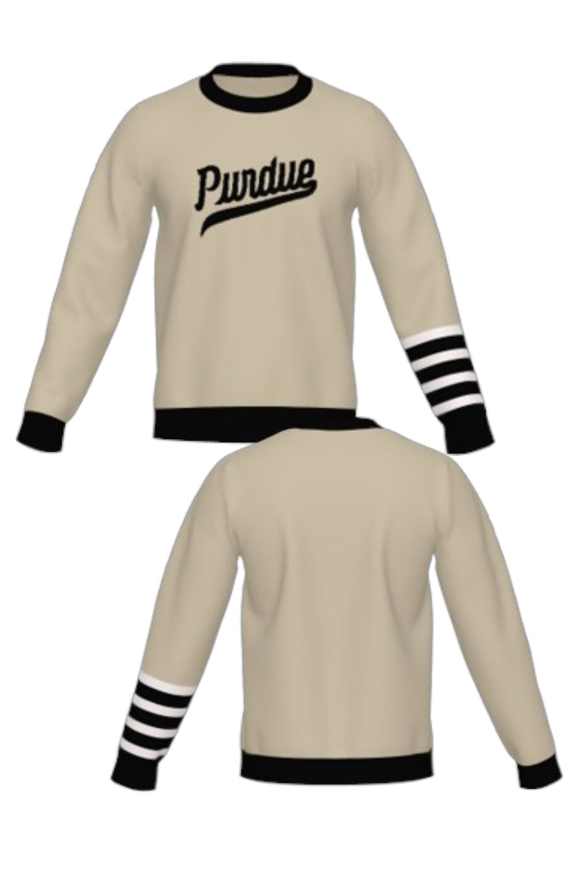 Purdue University Letterman Band Knit Crew Neck Sweater in Beige with Black trim, knit-in Purdue script and White and Black letterman sleeve stripes by SOUNDOFF - FRONT and BACK