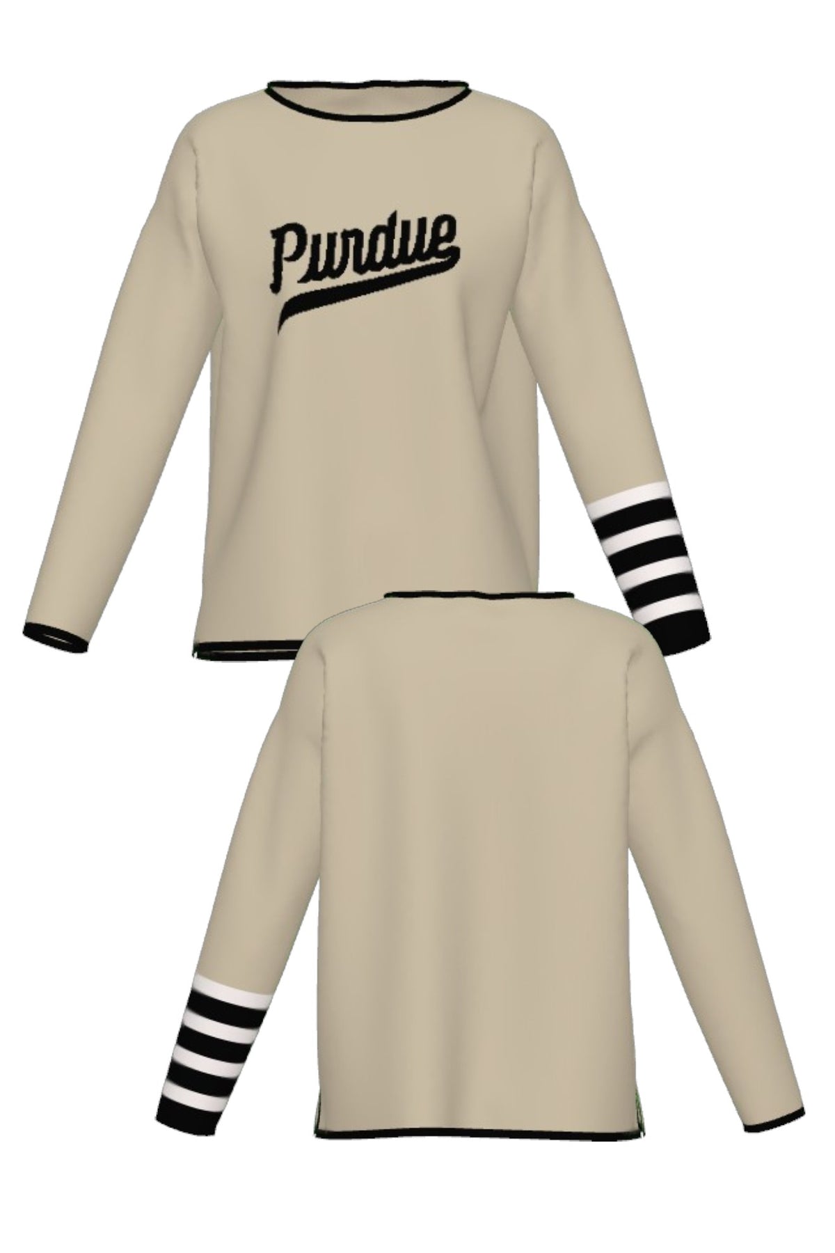 Purdue University Letterman Band Knit Woman's Sweater in Beige with Black trim, knit-in Purdue script and White and Black letterman sleeve stripes by SOUNDOFF - FRONT and BACK