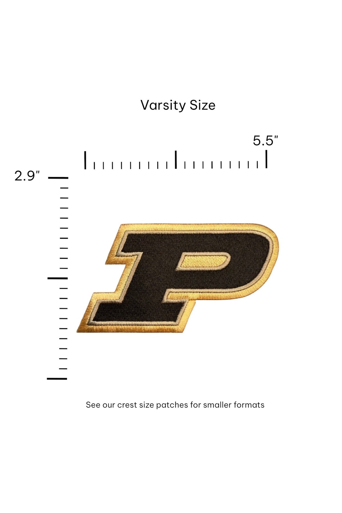 Purdue University Motion P Black Embroidered Varsity Patch with gold trim, 5.5 inches wide x 2.9 inches tall by SOUNDOFF - size