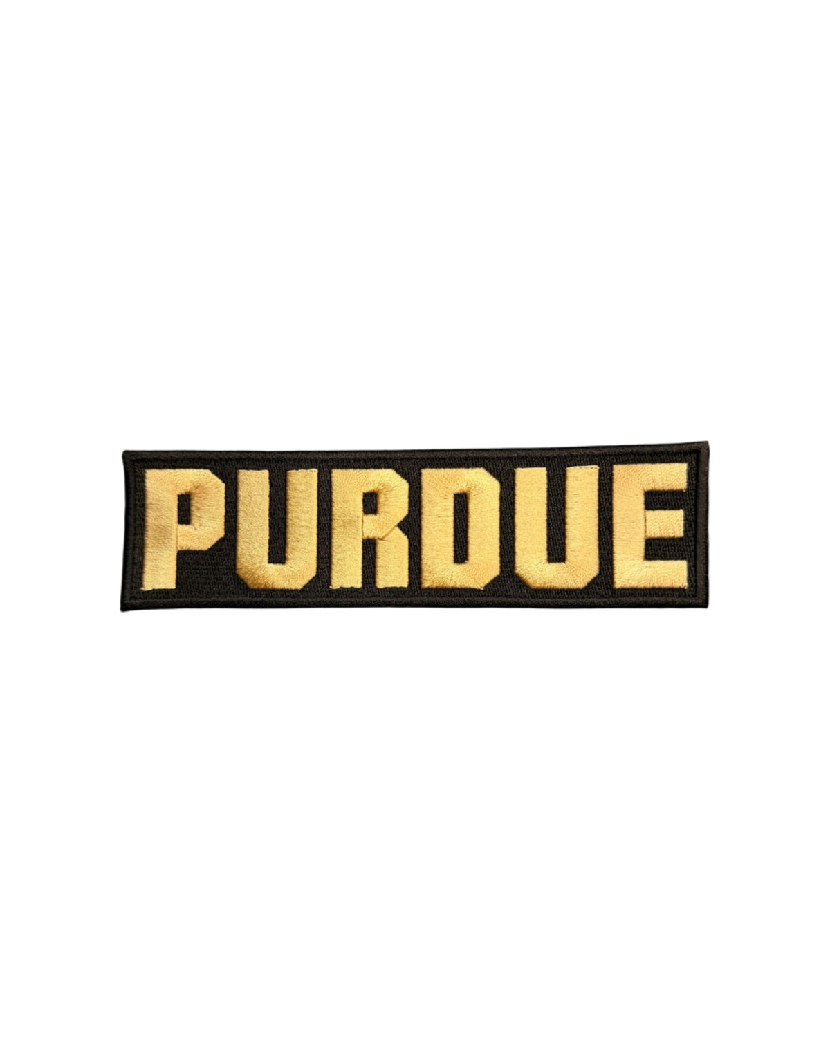 Purdue University Block Letter Embroidered Crest Patch in gold and black, 3.3 inches wide x 0.9 inches tall by SOUNDOFF - front