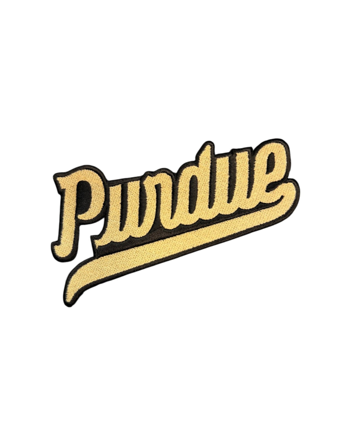 Purdue University Script Embroidered Crest Patch with gold script lettering and pennant on black background by soundoff - front