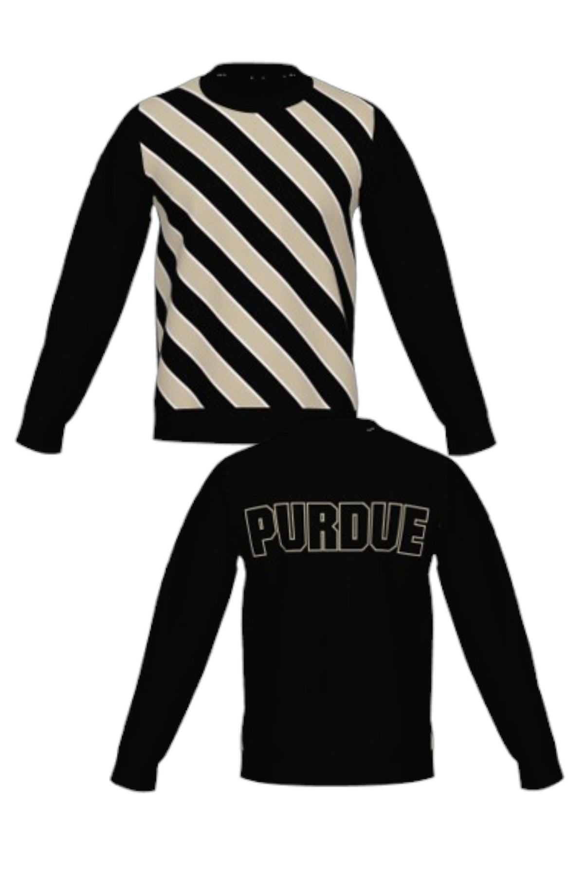 Purdue University Repp Stripe Knit Crew Neck Sweater in Black with angled Beige and White stripes and knit-in PURDUE back graphic by SOUNDOFF - FRONT and BACK