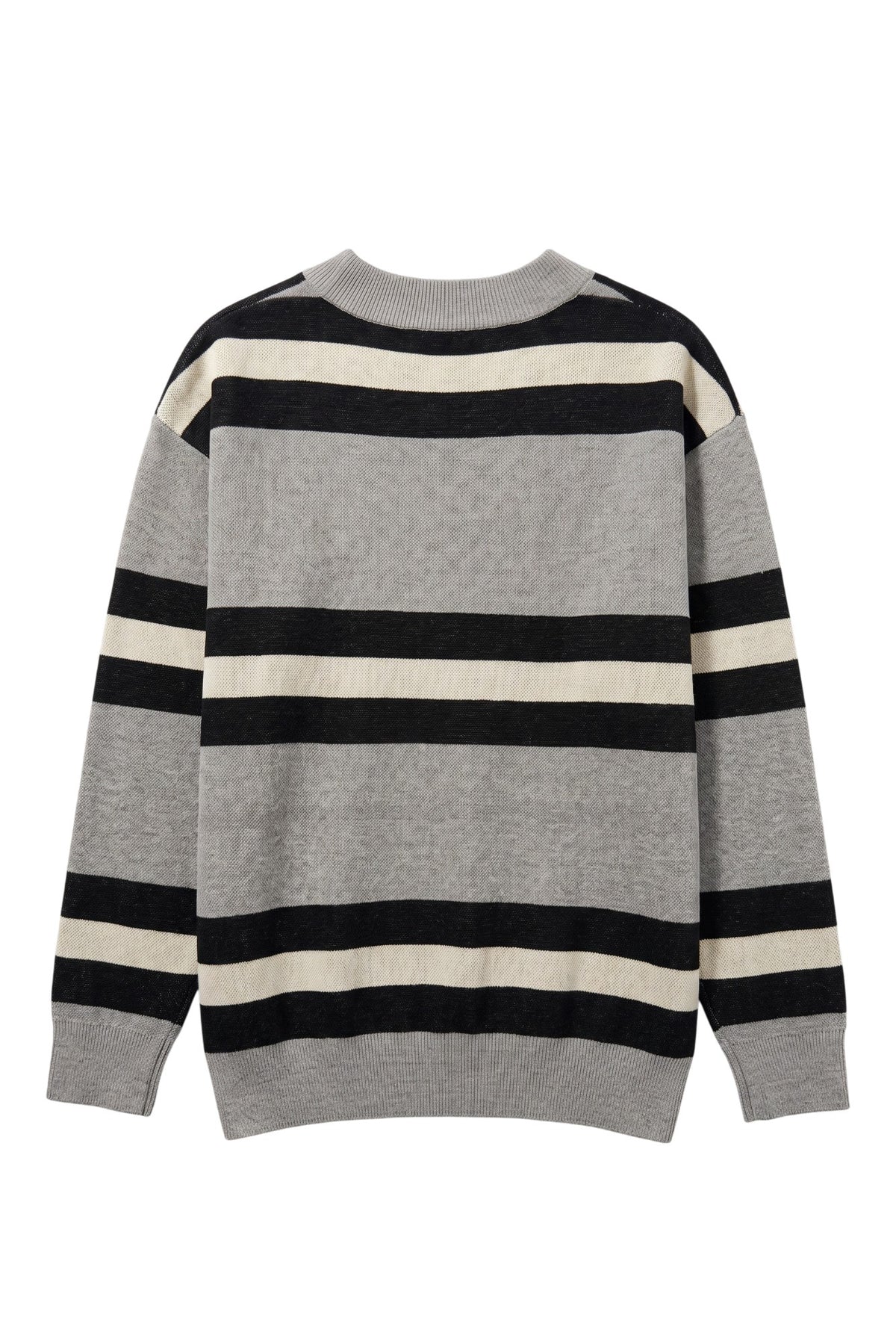 Purdue University Rugby Stripe Knit Cardigan Sweater in Grey with Black and Beige horizontal rugby stripes and knit-in Purdue Motion P by SOUNDOFF - BACK