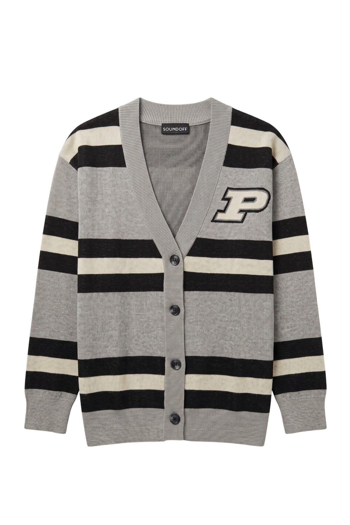 Purdue University Rugby Stripe Knit Cardigan Sweater in Grey with Black and Beige horizontal rugby stripes and knit-in Purdue Motion P by SOUNDOFF - FRONT