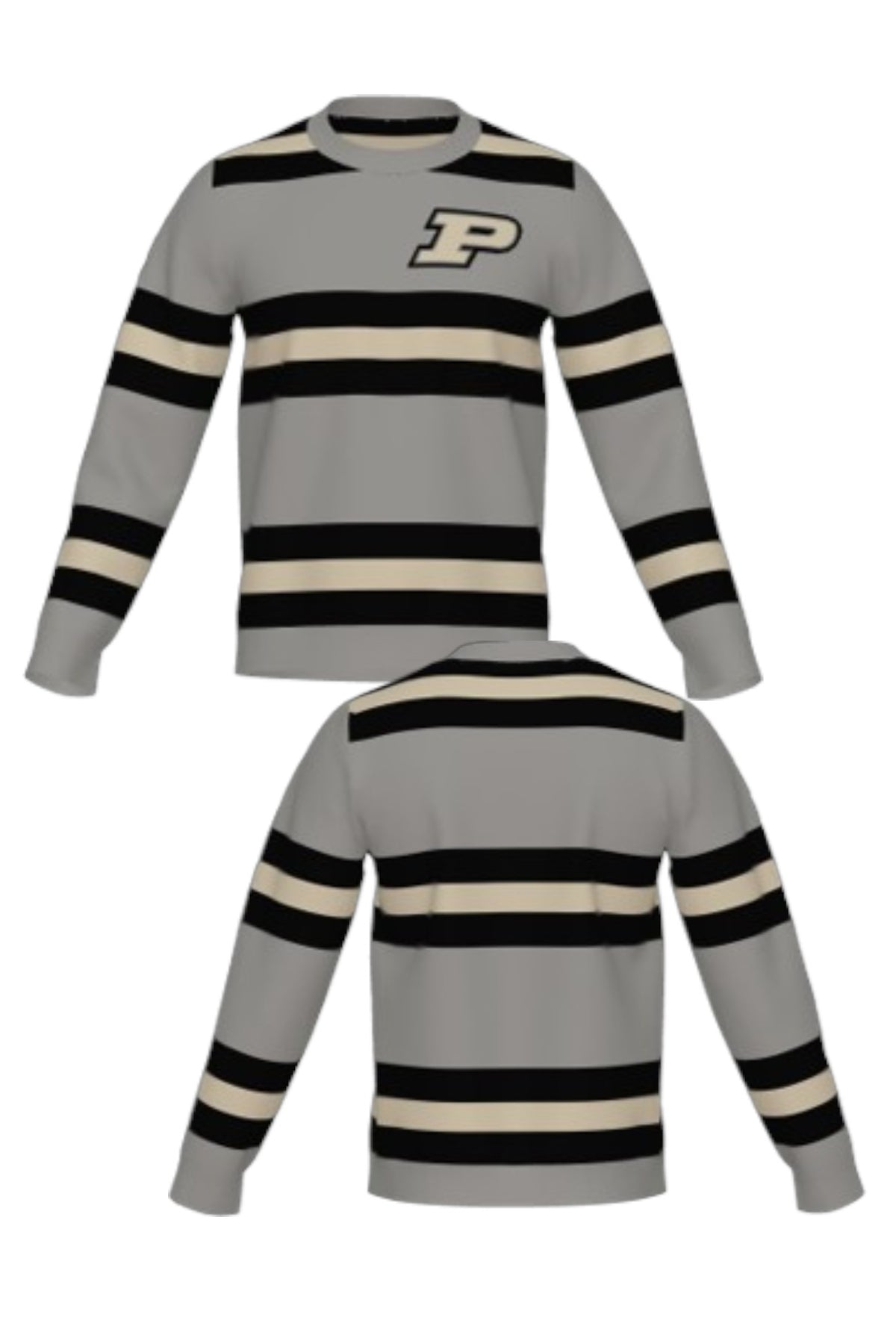 Purdue University Rugby Stripe Knit Crew Neck Sweater in Grey with Black and Beige horizontal rugby stripes and knit-in Purdue Motion P by SOUNDOFF - FRONT and BACK
