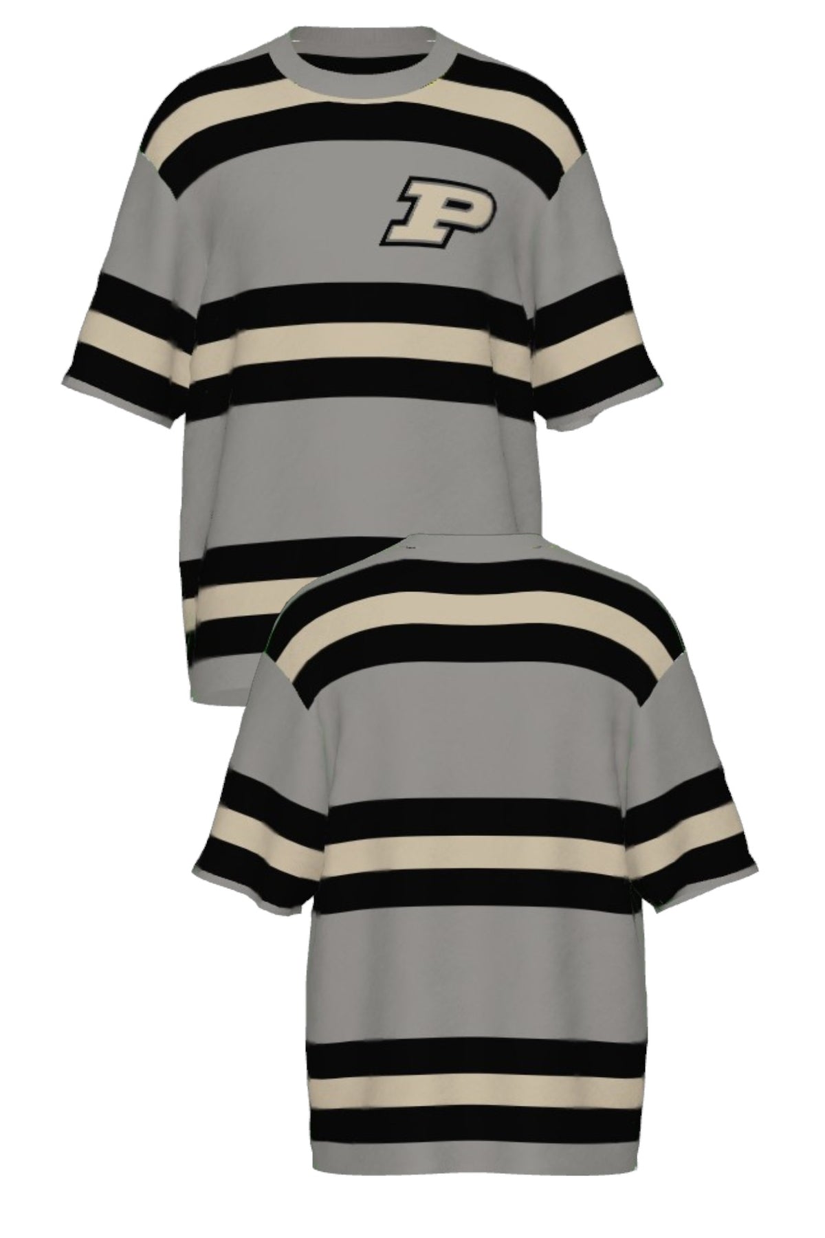 Purdue University Rugby Stripe Knit Short Sleeve Sweater in Grey with Black and Beige horizontal rugby stripes and knit-in Purdue Motion P by SOUNDOFF - FRONT and BACK