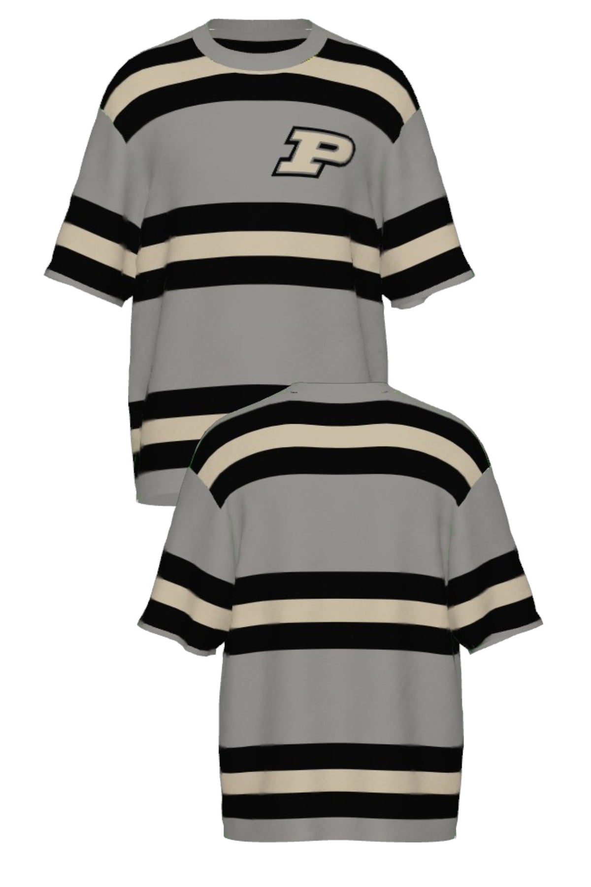 Purdue University Rugby Stripe Knit Short Sleeve Sweater in Grey with Black and Beige horizontal rugby stripes and knit-in Purdue Motion P by SOUNDOFF - FRONT and BACK