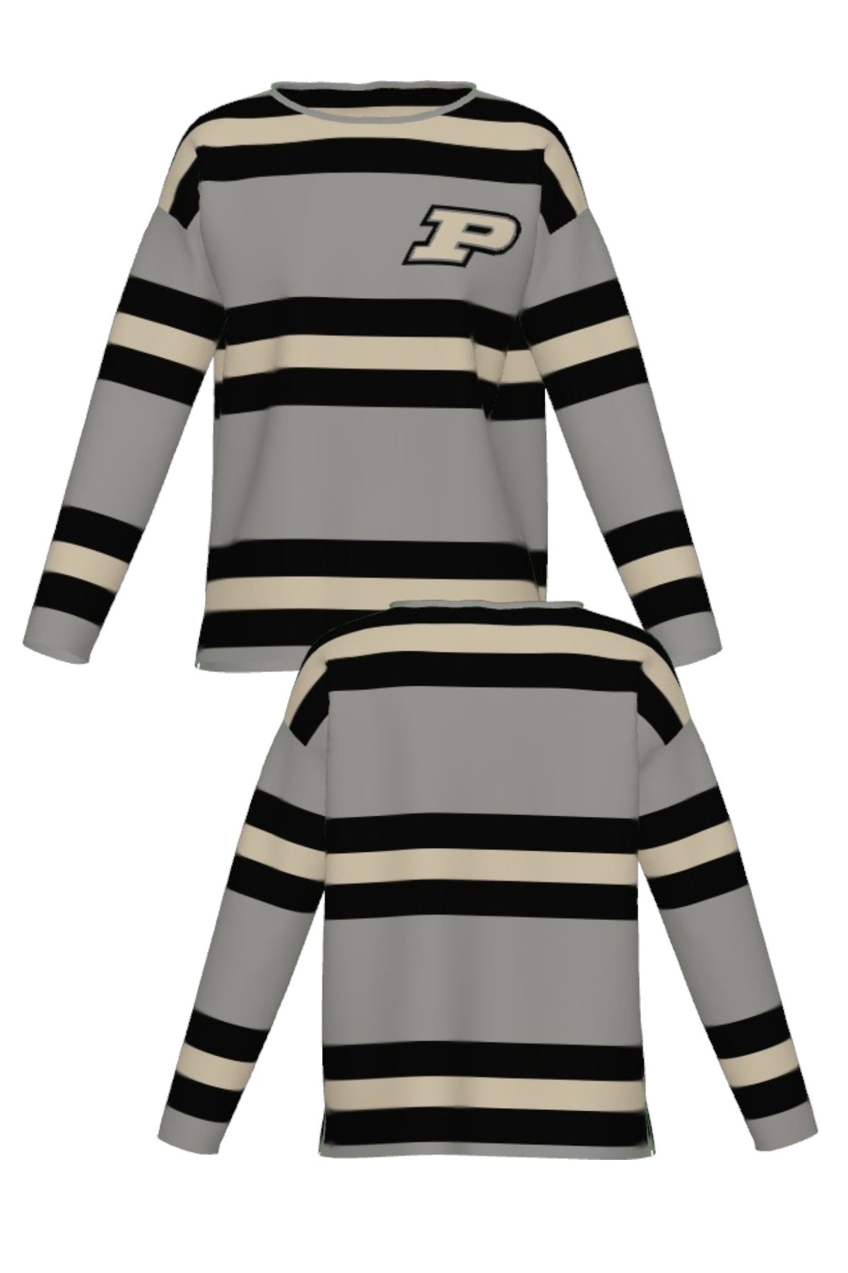 Purdue University Rugby Stripe Knit Women's Sweater in Grey with Black and Beige horizontal rugby stripes and knit-in Purdue Motion P by SOUNDOFF - FRONT and BACK