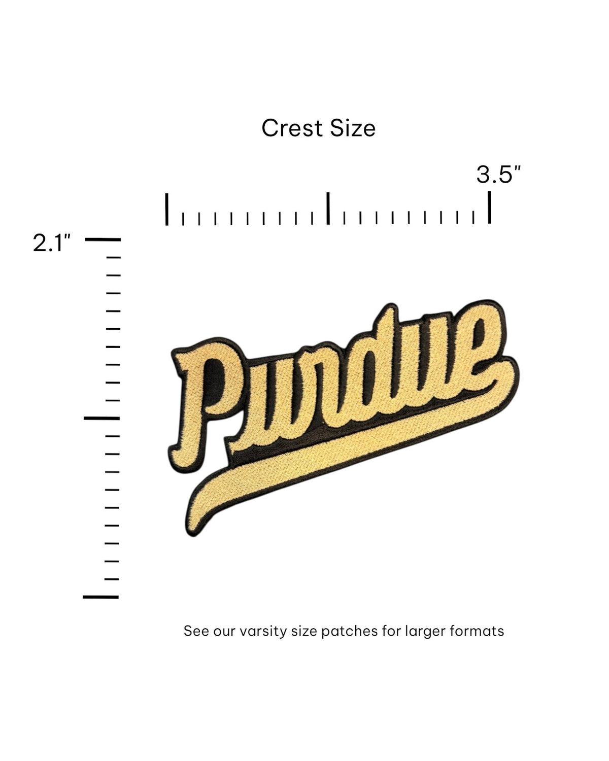 Purdue University Script Embroidered Crest Patch with gold script lettering and pennant on black background by soundoff - size