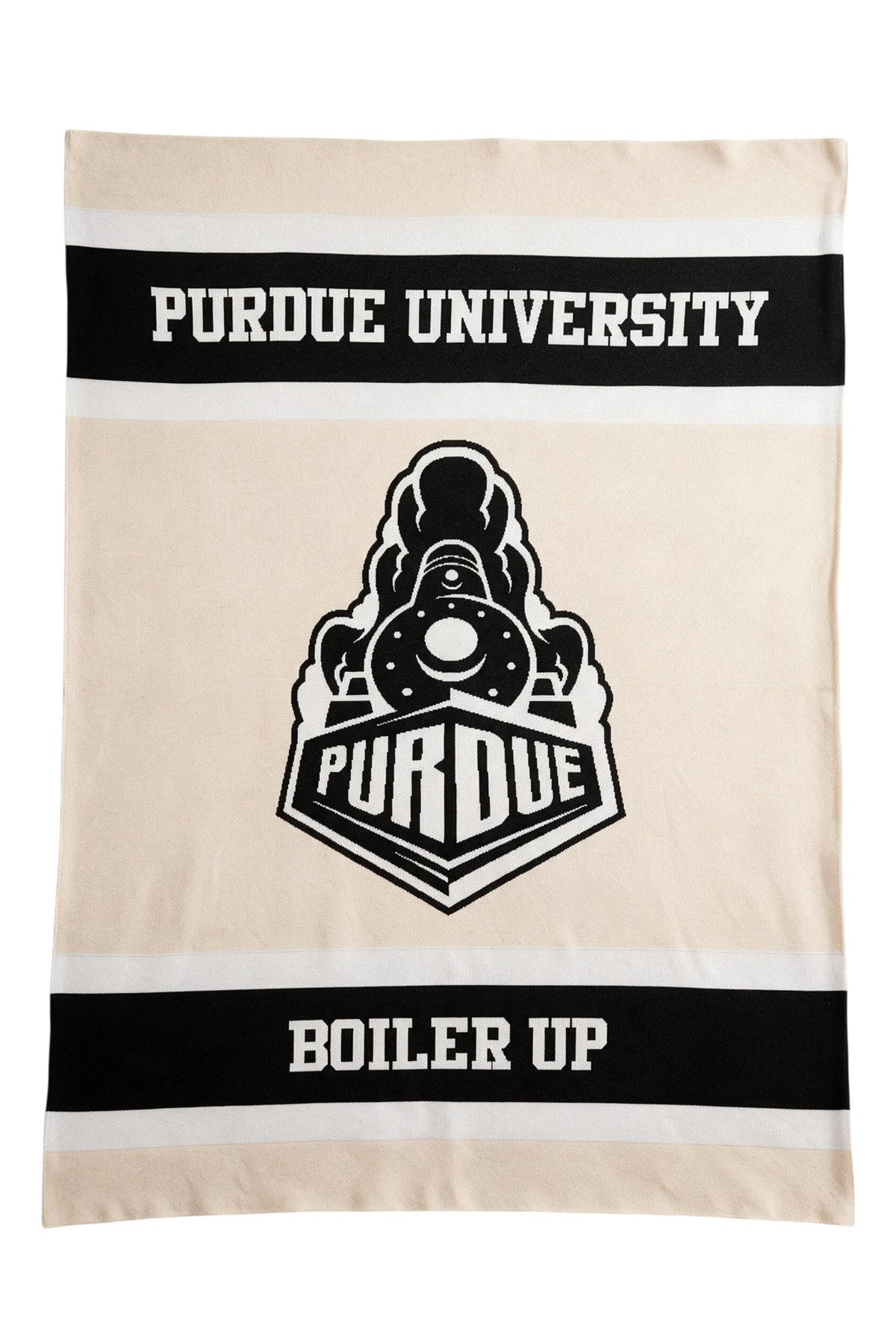 Purdue University varsity knit throw blanket in beige, black, and white with Boilermaker Special graphic by SOUNDOFF - full 50 inch by 70 inch front laydown showing