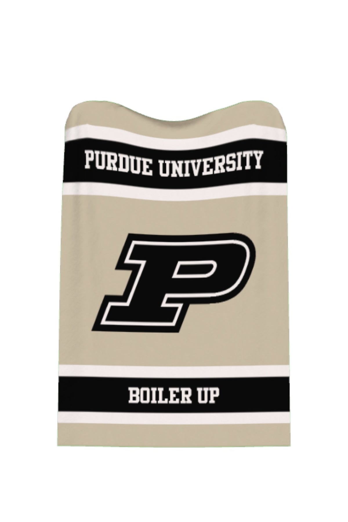 Purdue University varsity knit throw blanket in beige, black, and white with Motion P graphic in black by SOUNDOFF - front