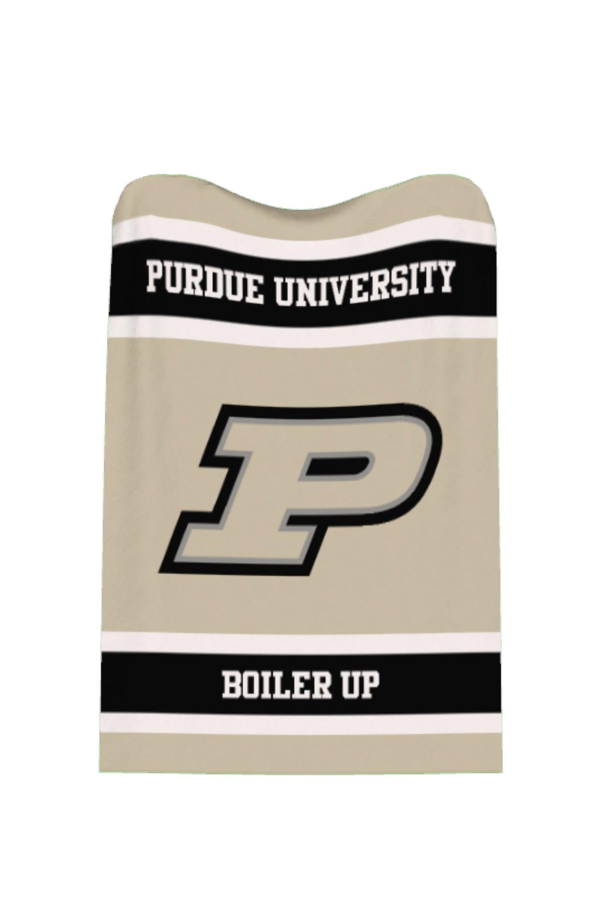 Purdue University varsity knit throw blanket in beige, black, and white with Motion P graphic outlined in black by SOUNDOFF - front