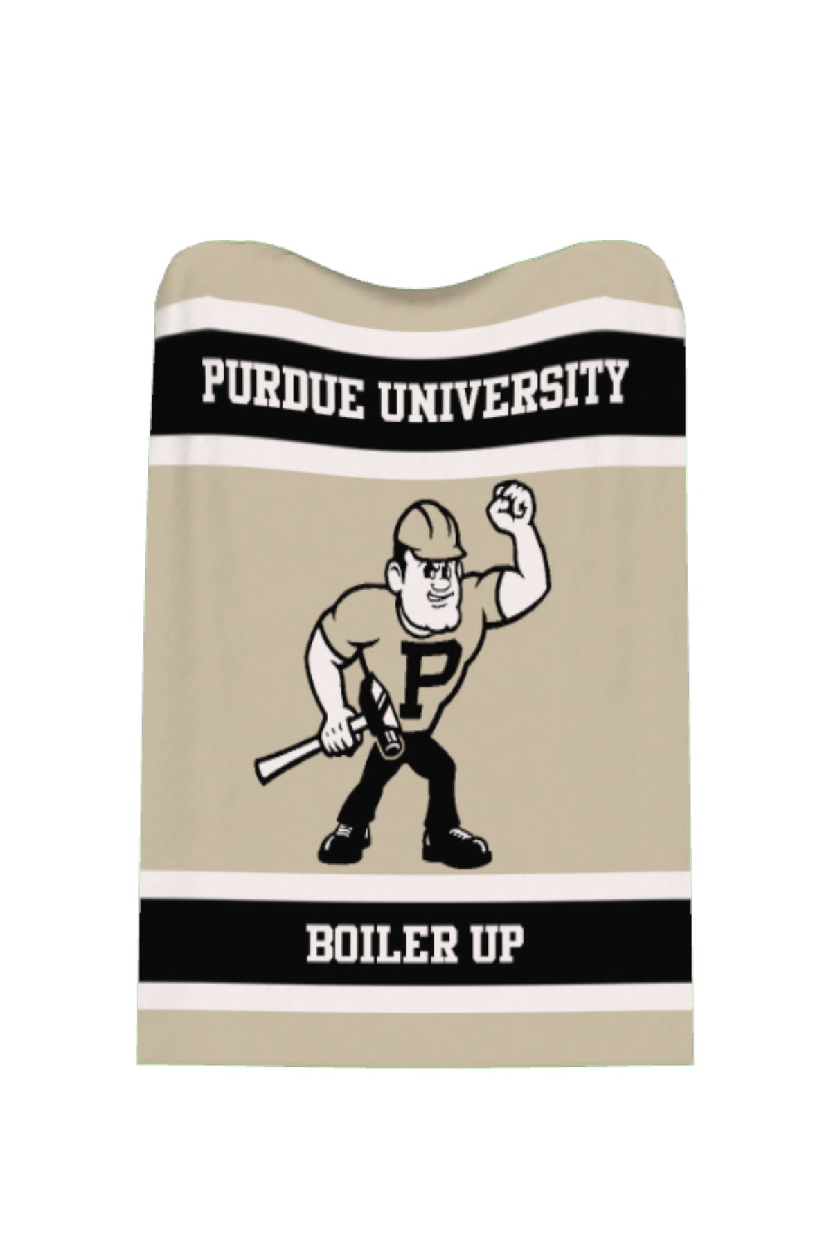 Purdue University varsity knit throw blanket in beige, black, and white with Purdue Pete graphic by SOUNDOFF - front