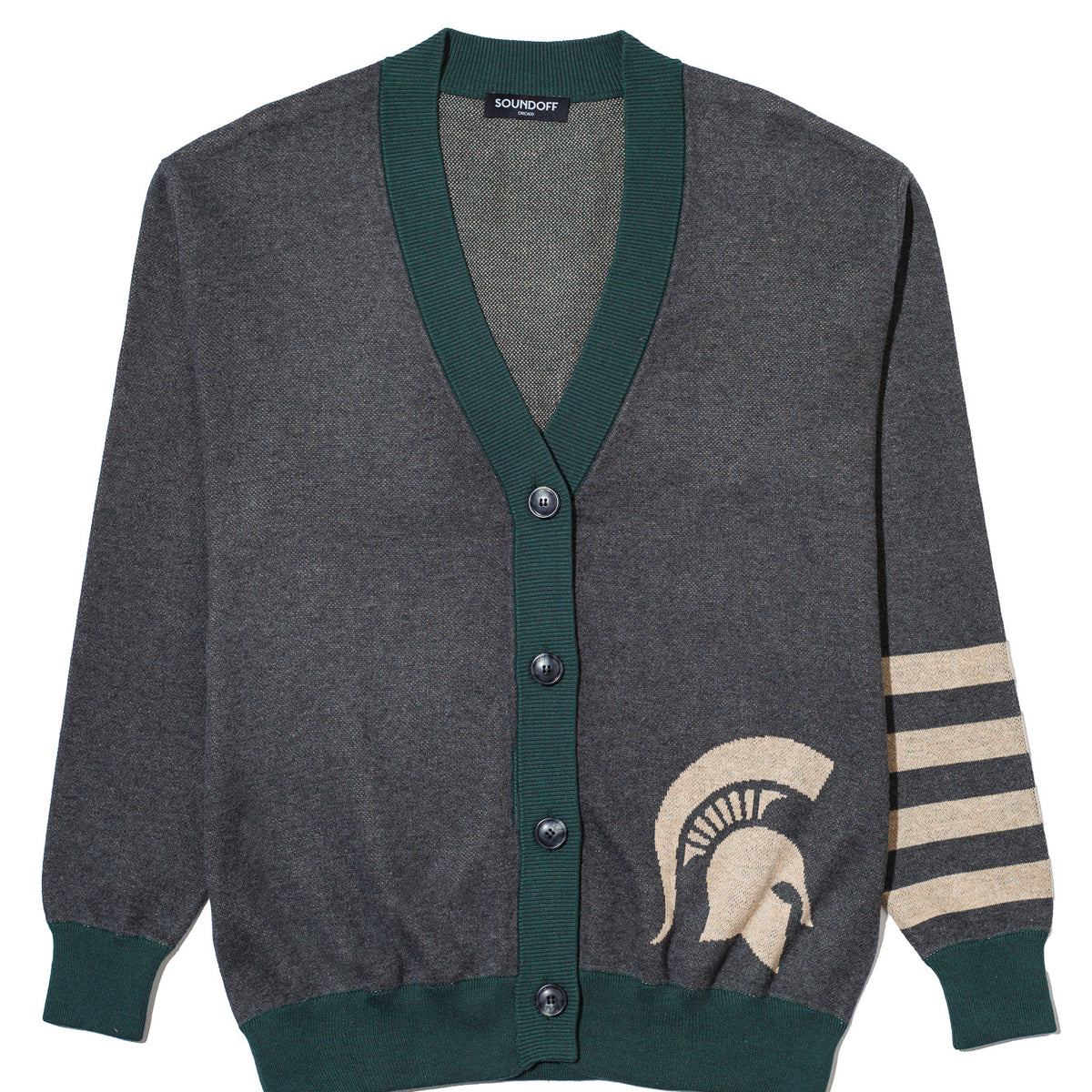 michigan state university quad stripe cardigan knit sweater front – green and grey quad stripe design inspired by classic spartans varsity heritage by soundoff.