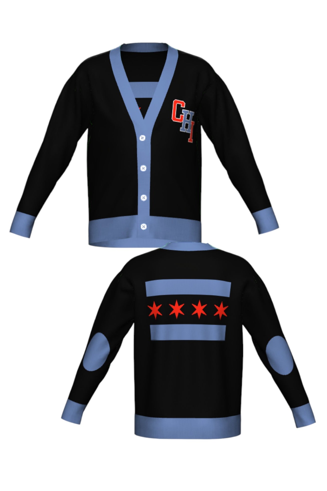 varsity chicago chi cardigan knit sweater front and back view in black with interlocked chi lettering and city flag graphic by soundoff