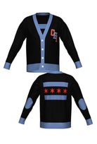 varsity chicago chi cardigan knit sweater front and back view in black with interlocked chi lettering and city flag graphic by soundoff