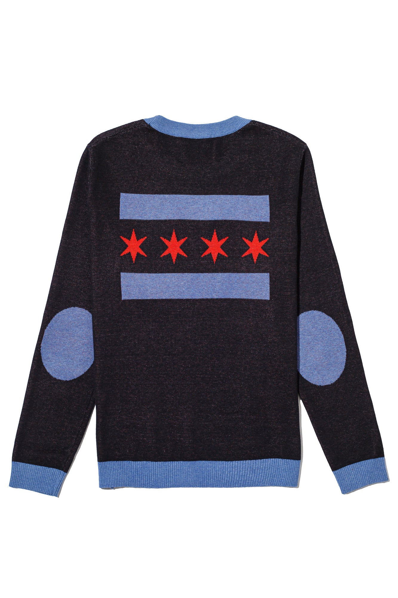 varsity chicago chi classic crew neck knit sweater back view in black with interlocked chi lettering and city flag graphic by soundoff