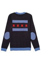 varsity chicago chi classic crew neck knit sweater back view in black with interlocked chi lettering and city flag graphic by soundoff