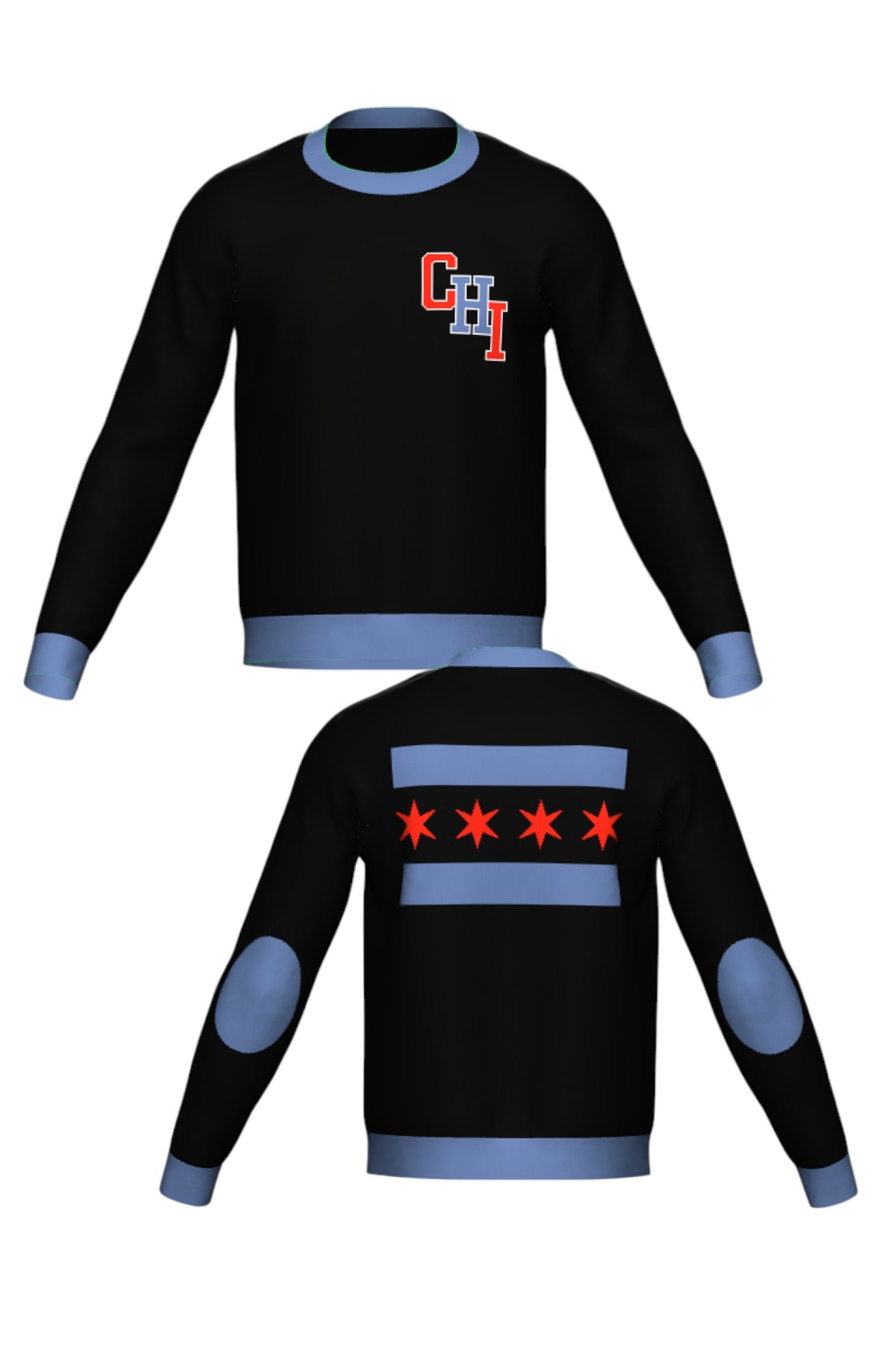 varsity chicago chi classic crew neck knit sweater front and back view in black with interlocked chi lettering and city flag graphic by soundoff