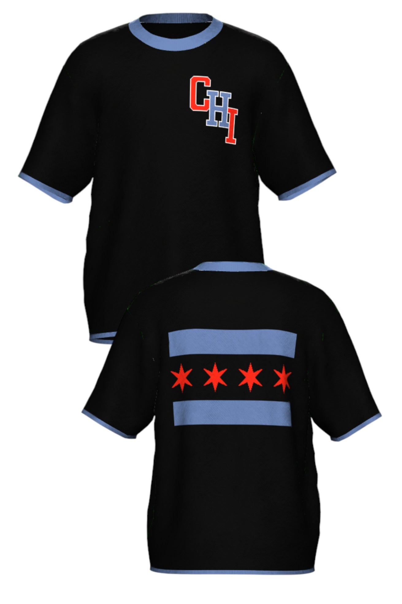 varsity chicago chi short sleeve knit sweater front and back view in black with interlocked chi lettering and city flag graphic by soundoff