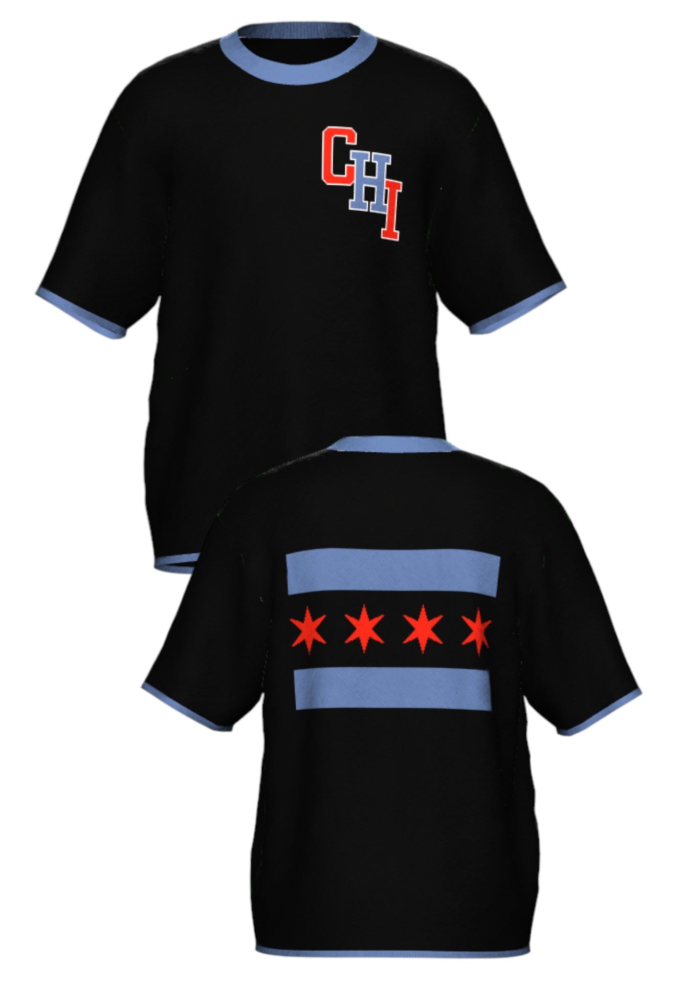 varsity chicago chi short sleeve knit sweater front and back view in black with interlocked chi lettering and city flag graphic by soundoff