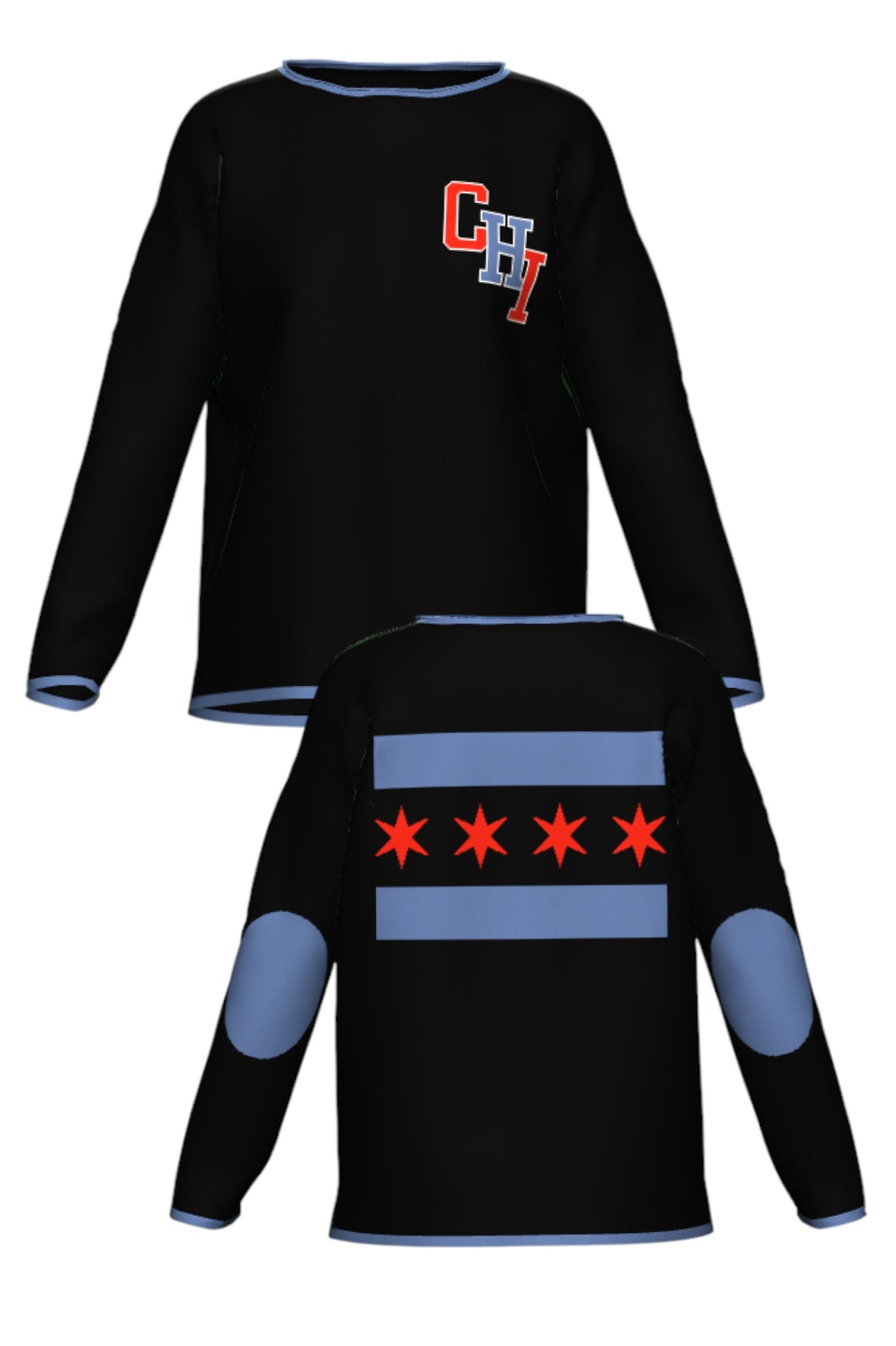 varsity chicago chi womens knit sweater front and back view in black with interlocked chi lettering and city flag graphic by soundoff