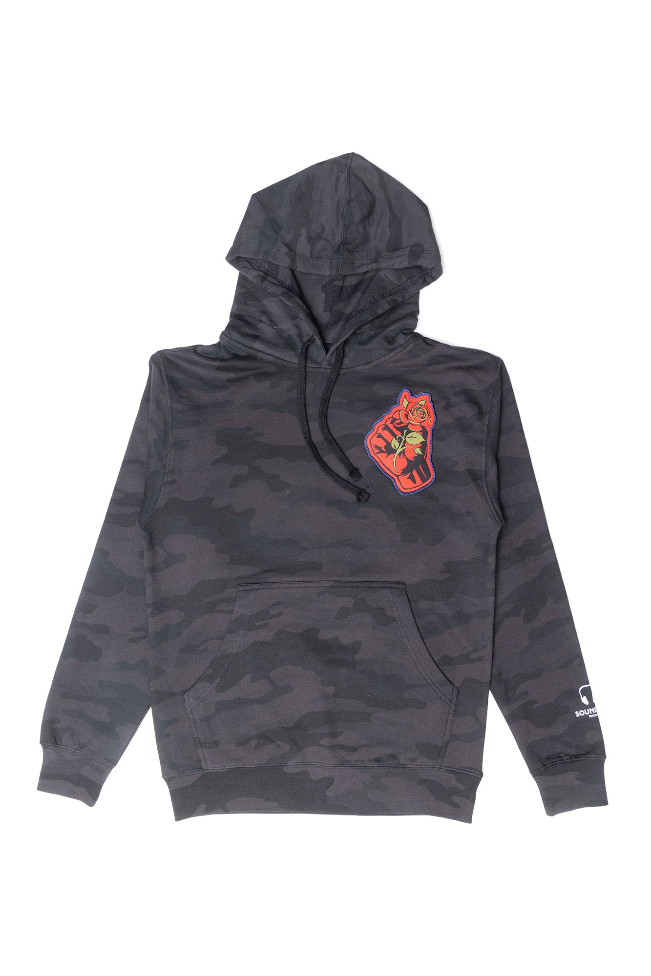FIST & ROSE STILL I RISE MIDWEIGHT HOODED PULLOVER; BLACK CAMO