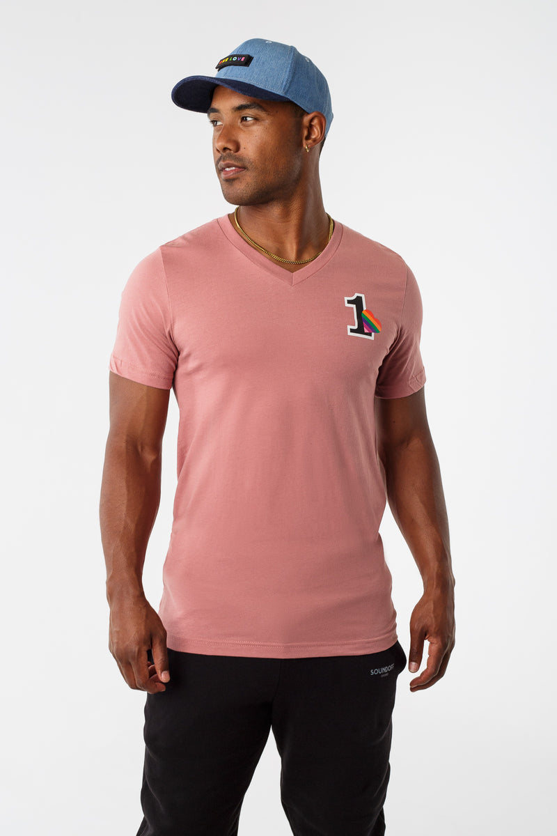 ONE HEART, ONE LOVE V-NECK T-SHIRT; BLACK & MAUVE