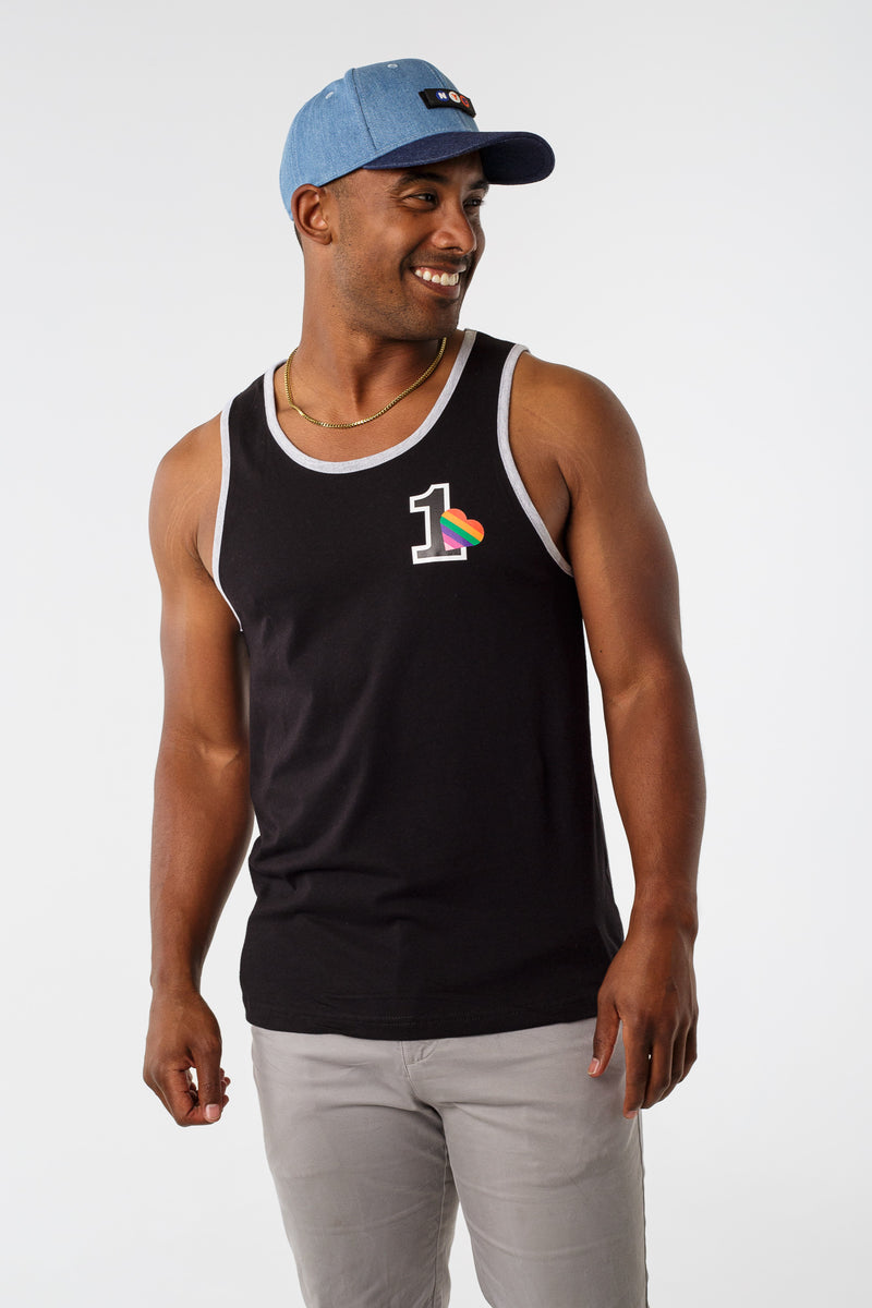 ONE HEART, ONE LOVE RINGER TANK; BLACK