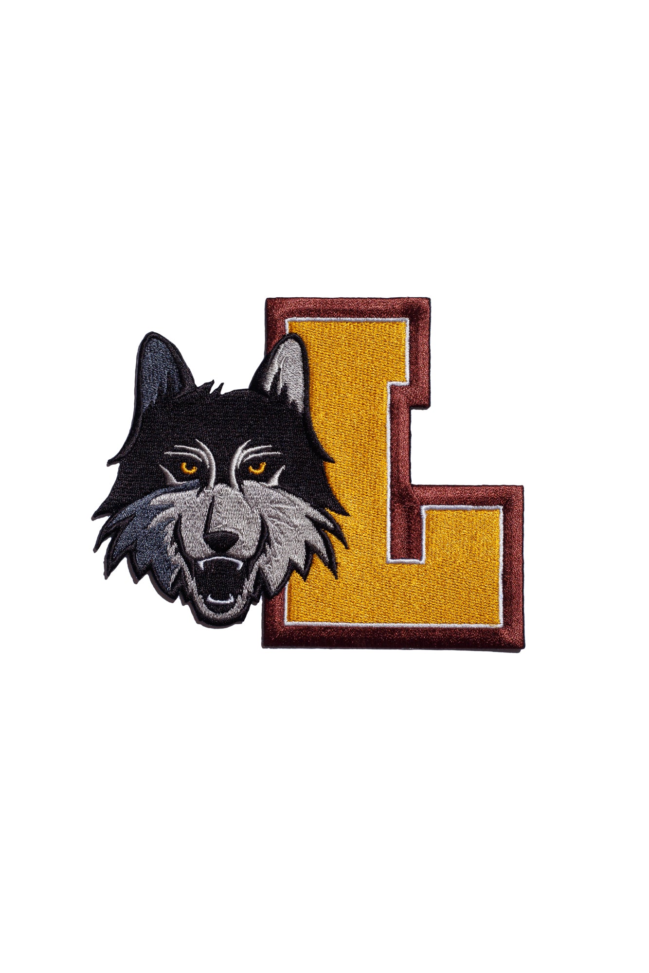 LU WOLF “L” PATCH; MAROON & GOLD (5.5' x 4.5")