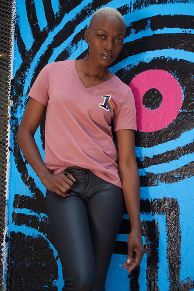 ONE HEART, ONE LOVE WOMEN'S RELAXED V-NECK T-SHIRT; BLACK & MAUVE