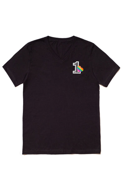 ONE HEART, ONE LOVE V-NECK T-SHIRT; BLACK & MAUVE